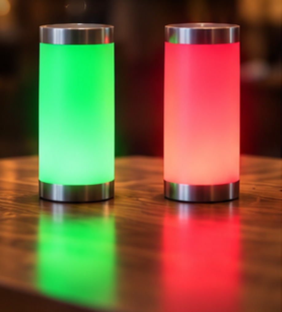 The exact FlipMe cylindrical lamps glowing green and red on a restaurant table